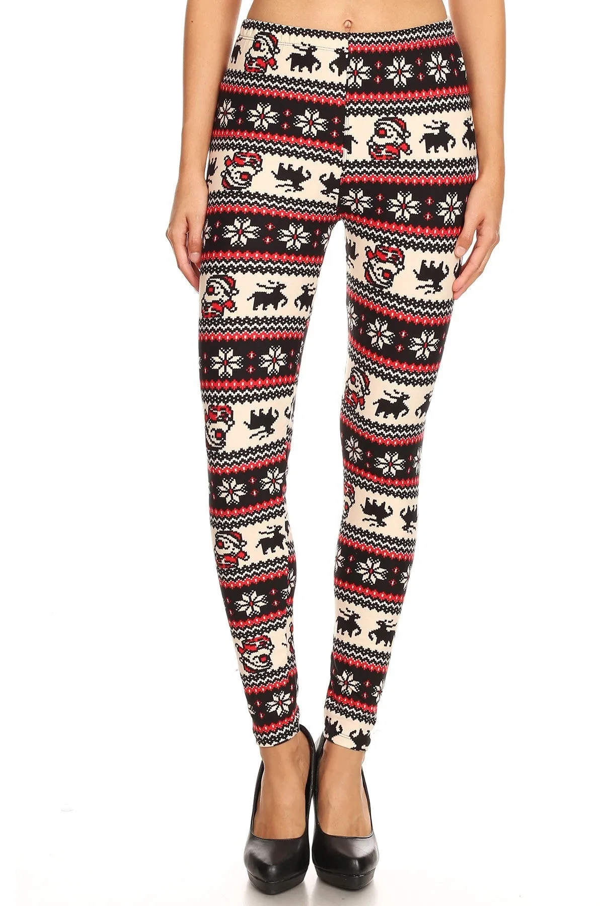 Women's Plus Colorful Santa Reindeer Fair Isle Pattern Printed Leggings