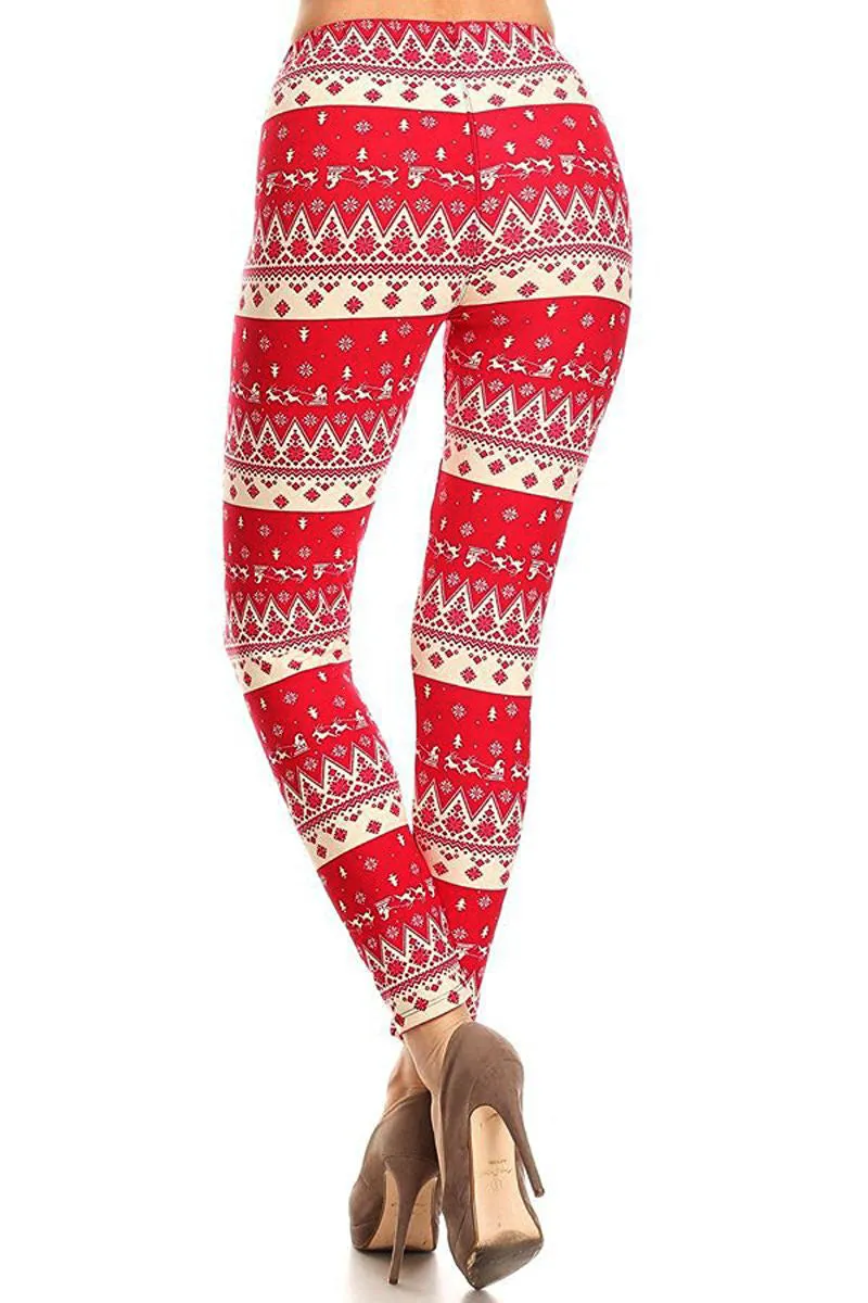 Women's Plus Santa Reindeer Snowflake Chevron Printed Leggings - Red White