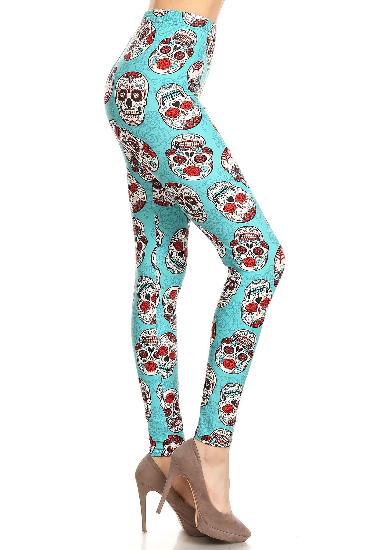 Women's Plus Teal Sugar Skulls Pattern Printed Leggings