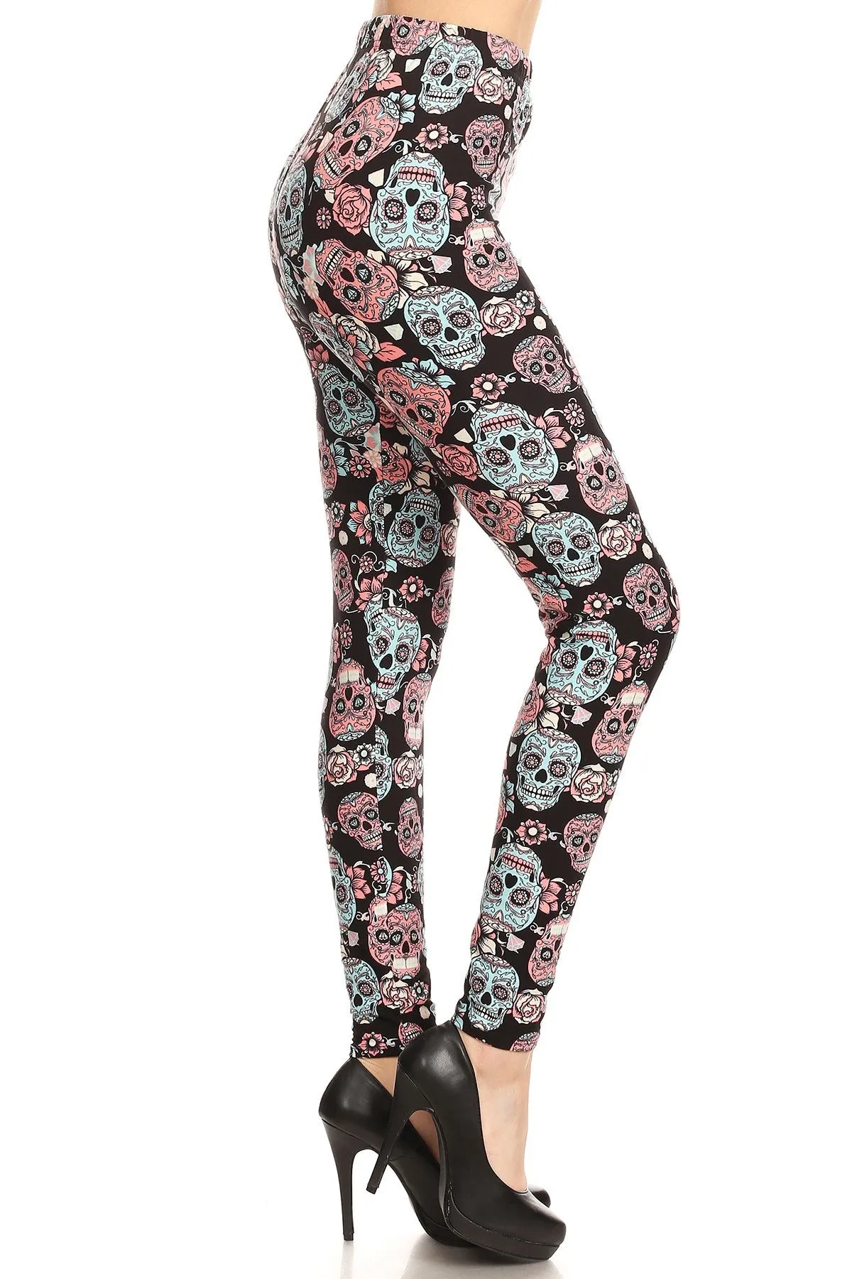 Women's Regular Black Sugar Skull Pattern Printed Leggings