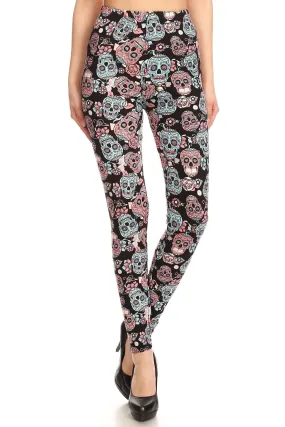 Women's Regular Black Sugar Skull Pattern Printed Leggings