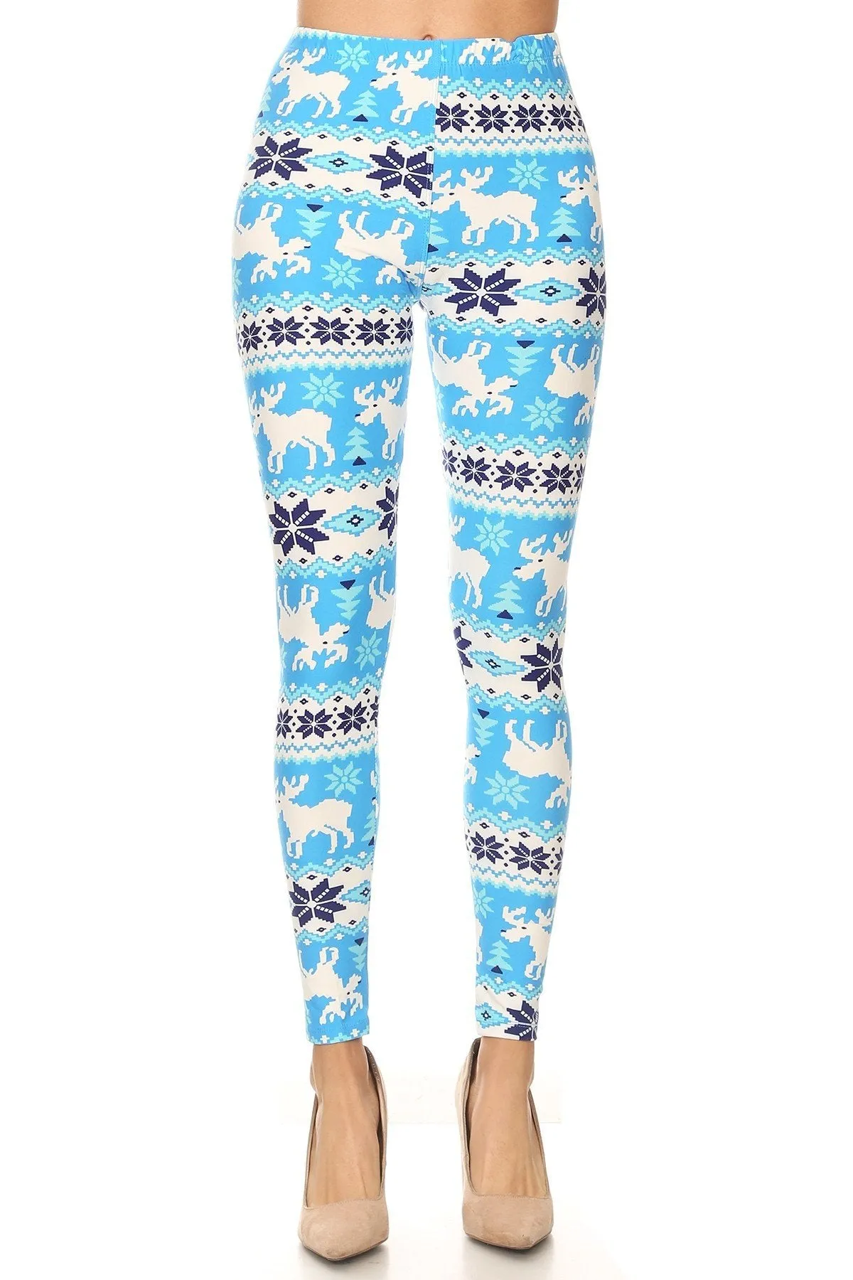 Women's Regular Christmas Blue White Reindeer Pattern Printed Leggings